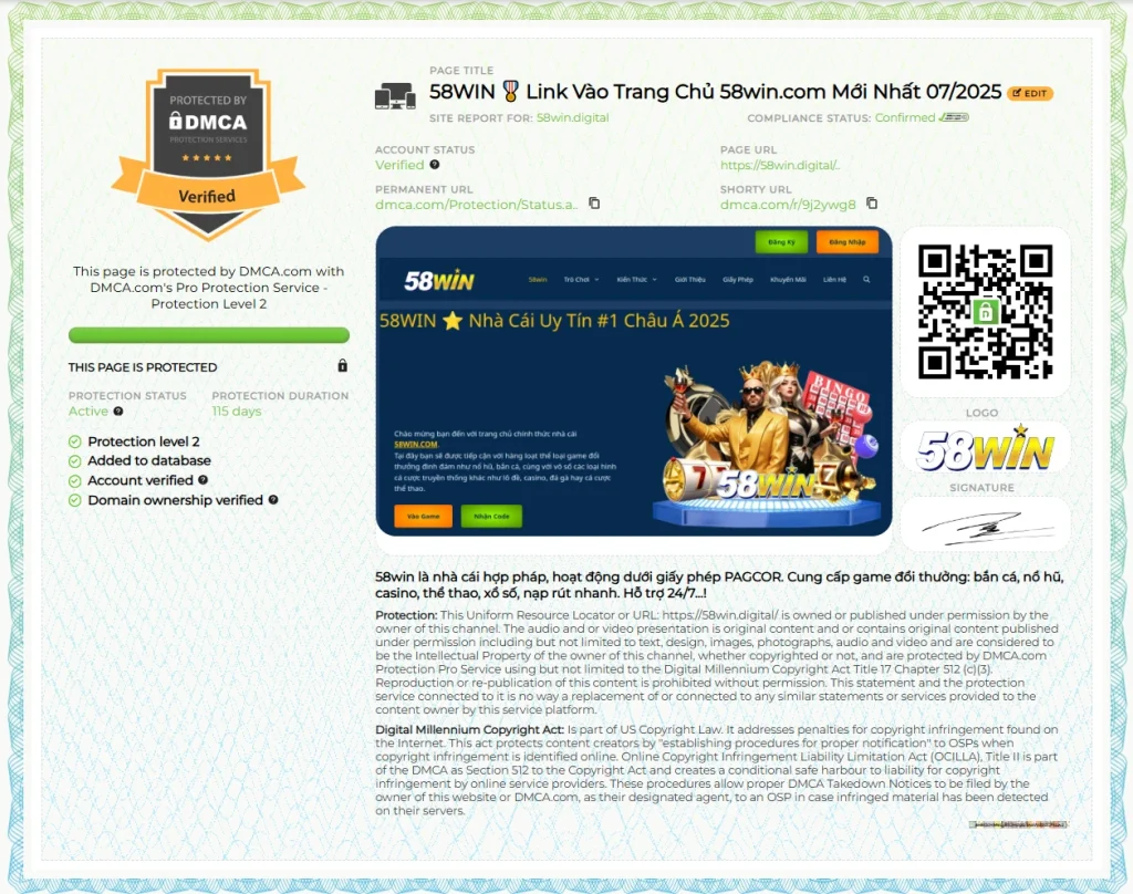 Giấy Phép Bản Quyền Quốc Tế Từ DMCA Cho 58WIN
